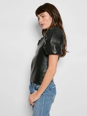 7 For All Mankind Black Leather Puff Sleeve Blouse